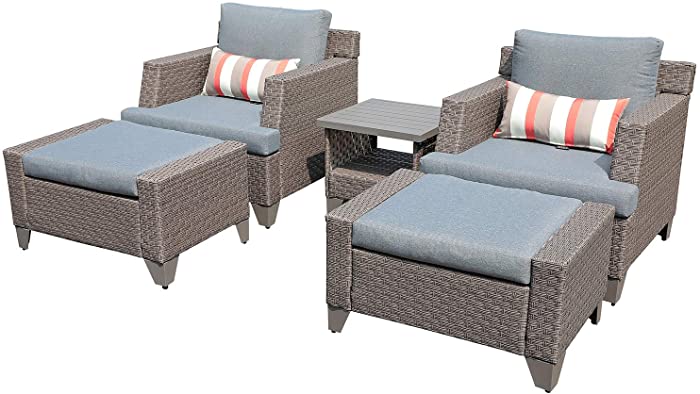 SUNSITT 5-Piece Outdoor Patio Furniture Set, PE Wicker Patio Lounge Chair and Ottoman Set with Grey Cushions & Side Table, Waterproof Furniture Cover Include
