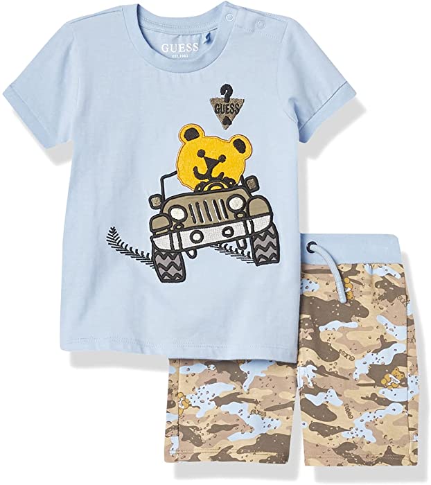 GUESS baby-boys Short Sleeve Bear Applique T-shirt With Pull on Bear Camouflage Print Knit Interlock Cargo Short 2 Piece Set