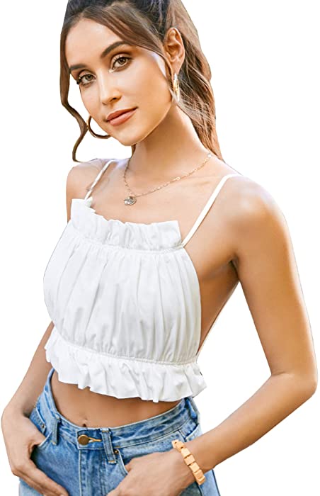 SOLY HUX Women's Ruffle Trim Tie Back Backless Cami Crop Top