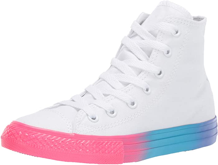 Converse Unisex-Kid's Chuck Taylor All Star Rainbow Midsole High Top Sneaker, White/Racer Pink/Black, 2 M US Little Kid