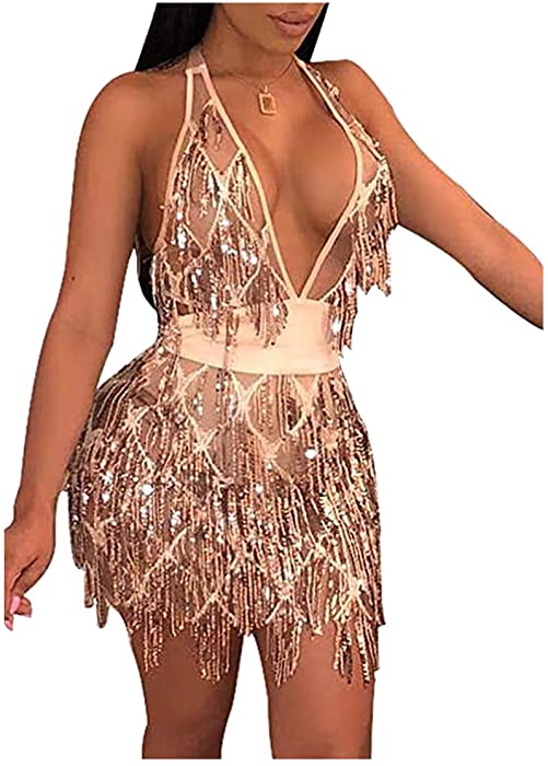 L'VOW Women's Glitter Sexy Deep V Neck Sequin Beaded Halter Bodycon Mini Nightclub Party Dress