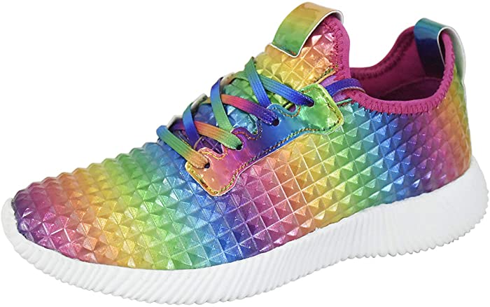ROXY-ROSE Women Lightweight Metallic Hologram Laced Pyramid Leatherette Studded Jogger Casual Sneaker