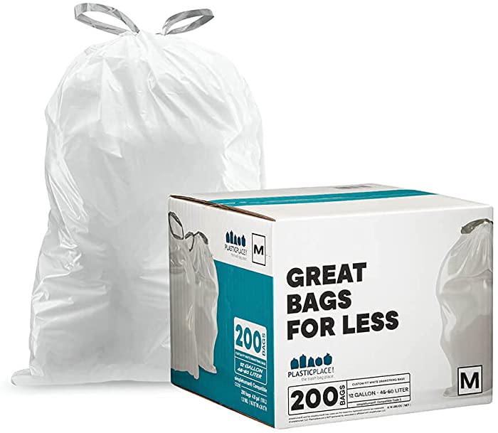 Plasticplace Trash Bags simplehuman (x) Code M Compatible (200 Count)│White Drawstring Garbage Liners 12 Gallon / 45 Liter │ 21.5" x 30.75"