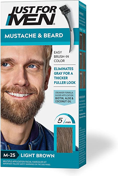 Just For Men Mustache & Beard, Beard Coloring for Gray Hair with Brush Included for Easy Application, with Biotin Aloe and Coconut Oil for Healthy Facial Hair - Light Brown, M-25