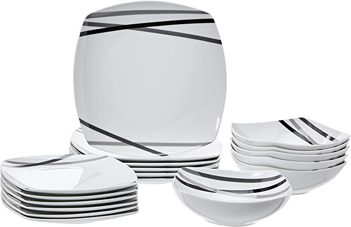 Amazon Basics 18-Piece Kitchen Dinnerware Set - Square Plates, Bowls, Service for 6 - Modern Beams, White/Green/Blue