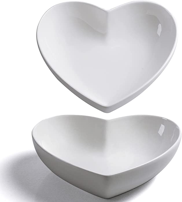 Keponbee 2pcs Porcelain Big Heart-shaped Bowls White Deep Heart Plates Salad Bowl/Fruit Bowl for Desserts/Pasta/Dinner, 8"