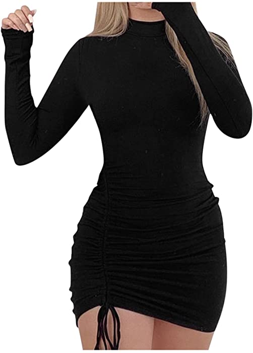 iDWZA Women Fashion Ruched Elegant Bodycon Long Sleeve Wrap Front Solid Color Casual Basic Fitted Short Dresses