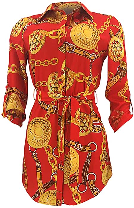 iDWZA Women Long Sleeve Chain Print Shirt Dress Ladies Casual Mini Dress
