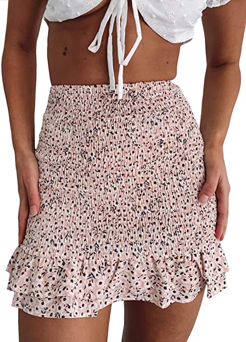 Women Floral Shirred Ruffled Mini Skirt