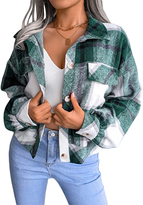 Plaid Shirt Jacket Womens Classic Crop Coat Long Sleeve Button Down Casual Shacket Short Loose Lapel Collared Outwear Top
