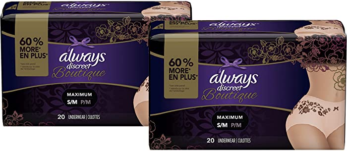 Always Discreet Boutique, Incontinence & Postpartum Underwear for Women, Disposable, Maximum Protection, Peach, Small/Medium, 20 Count, Pack of 2