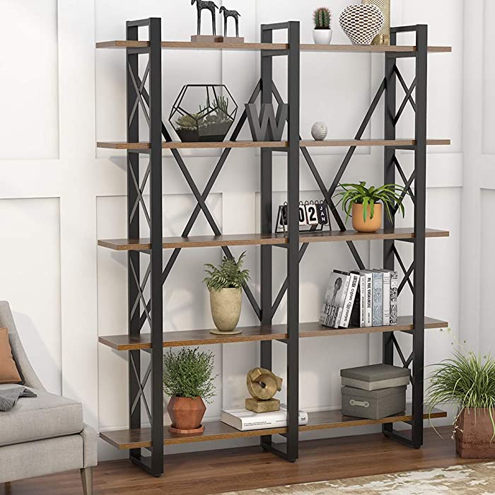 Tribesigns Double Wide 5-Shelf Bookcase, Etagere Large Open Bookshelf Rustic Industrial Style Shelves Wood and Metal bookcases Furniture for Home & Office