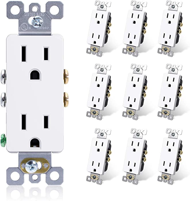 ELEGRP Decorator Receptacle, 15A 125V Standard Electrical Wall Outlet, 2 Pole 3 Wire, Non- tamper Resistant, NEMA 5-15R, Self-Grounding Residential Grade Outlet, UL (Glossy White, 10 Pack)