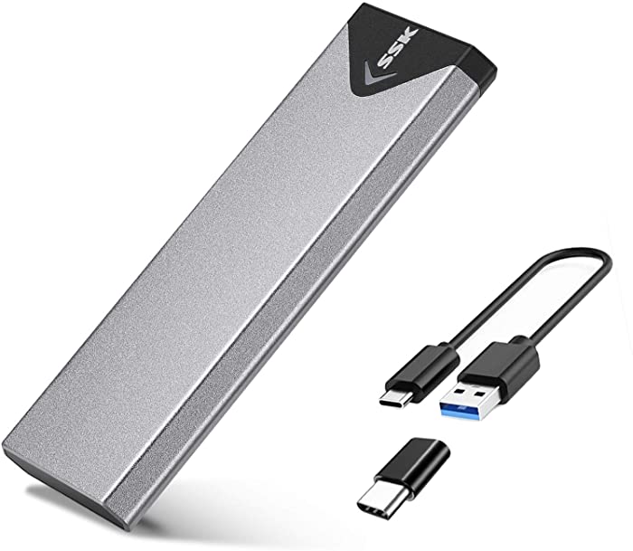 SSK Aluminum USB 3.1 to M.2 NGFF SSD Enclosure Adapter, External M.2 SATA Solid State Drive Enclosure Reader with UASP, Support NGFF M.2 2280 2260 2242 SSD with Key B/Key B+M (SATA Based)