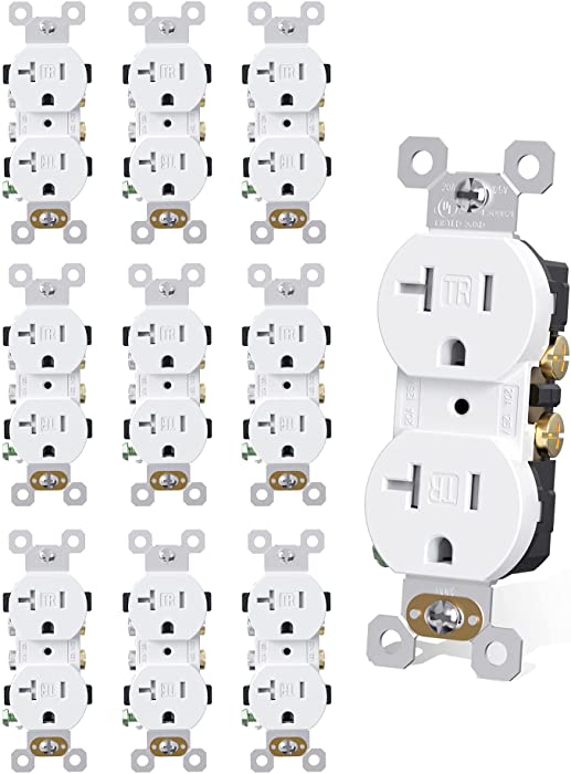 AIDA Duplex Electrical Receptacle Outlets, 20Amp 125V Wall Outlet, Residential, TR, 3-Wire, Self-Grounding, UL Listed, Push & Side Wire, White (10 Pack)