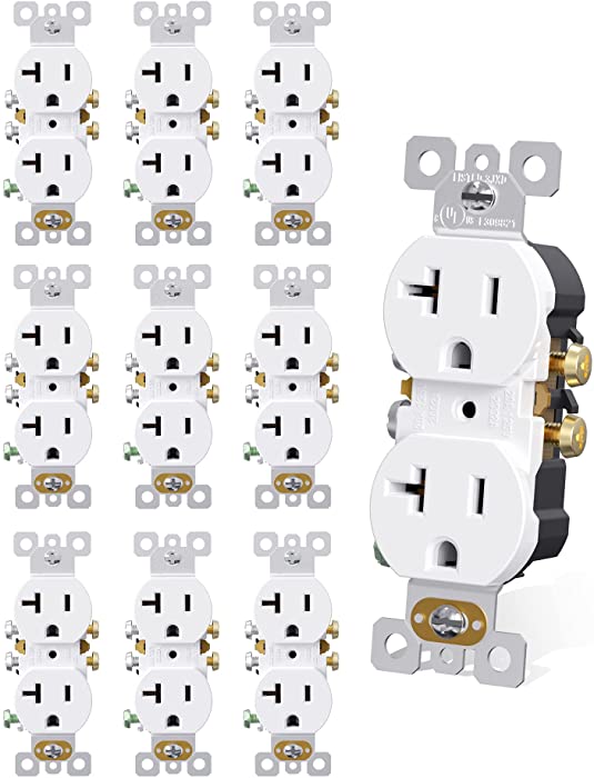 AIDA Duplex Receptacle Wall Outlet, 20Amp 125V Wall Outlet, Residential, 3-Wire, Self-Grounding, UL Listed, Side Wire Only, White ( 10 Pack )