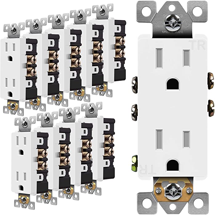 ENERLITES Decorator Receptacle Outlet, Tamper-Resistant, Residential Grade, 3-Wire, Self-Grounding, 2-Pole, 15A 125V, UL Listed, 61501-TR-W-10PCS, White (10 Pack)