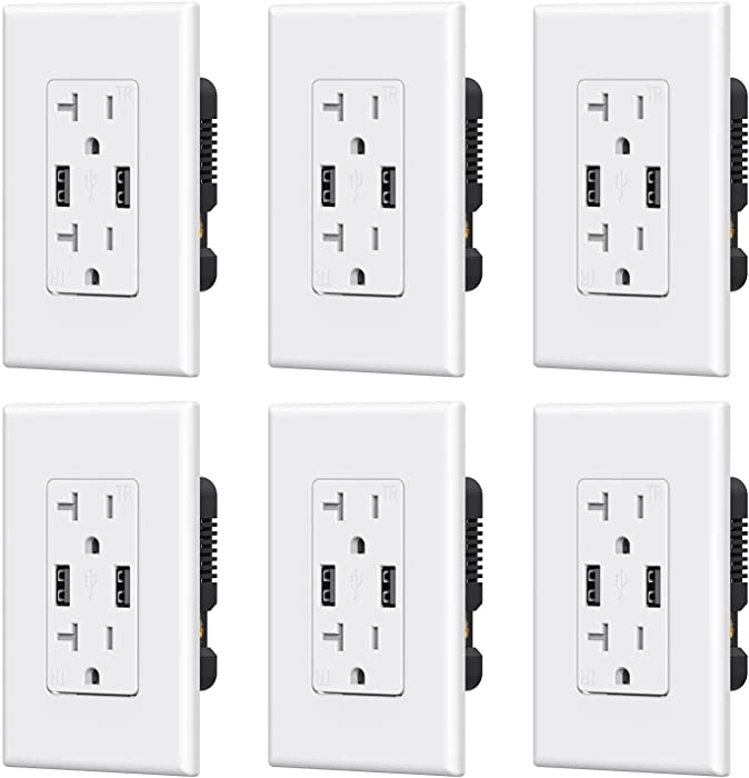 ELEGRP USB Charger Wall Outlet, Dual High Speed 4.0 Amp USB Ports with Smart Chip, 20 Amp Duplex Tamper Resistant Receptacle Plug, Wall Plate Included, UL Listed (6 Pack, Glossy White)