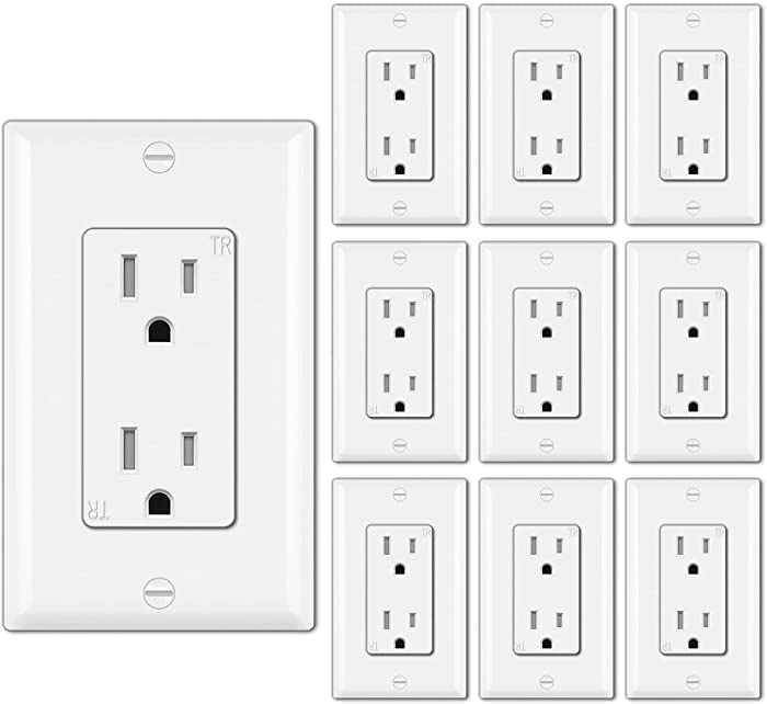 [10 Pack] BESTTEN 15A Tamper-Resistant Decor Receptacle Outlet, Wallplate Included, Residential and Commercial Use, cUL Listed, White