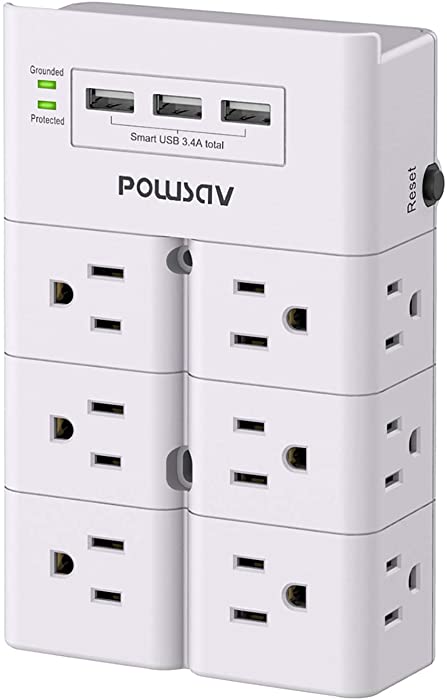 Multi Plug Outlet, Outlet Splitter, POWSAV Surge Protector Wall Mount with 12-Outlet Extender and 3 USB Ports(Smart 3.4A Total) for Home, Office, Dorm Essentials, Hotel, White, ETL Listed