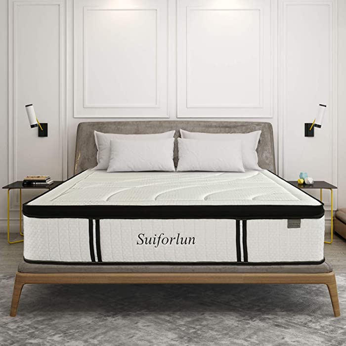 Suiforlun Full Size Mattress, 14 Inch Euro Top Gel Memory Foam Hybrid Mattress Full with Bamboo Cover, 5 Layers Foam and Pocket Innerspring for Cooling Comfort & Targeted Support, Medium-Firm