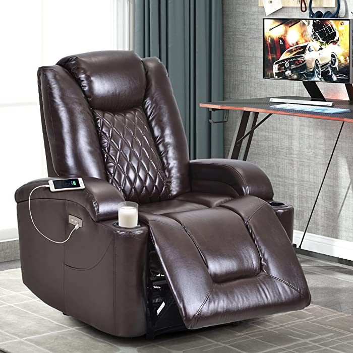 Power Electric Recliner Chair with USB Charge Port and Cup Holder - Recliner Sofa Overstuffed Electric PU Recliner Chair Home Theater Seating Bedroom & Living Room Chair