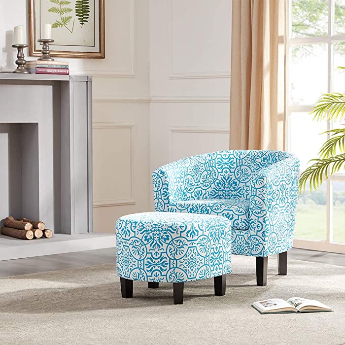 BELLEZE Modern Accent Club Chair with Ottoman Stylish Round Arms Curved Back Deep Barrel Design & Soft Cushion Linen Fabric Upholstery in Print Script - Lydia (Floral Blue)