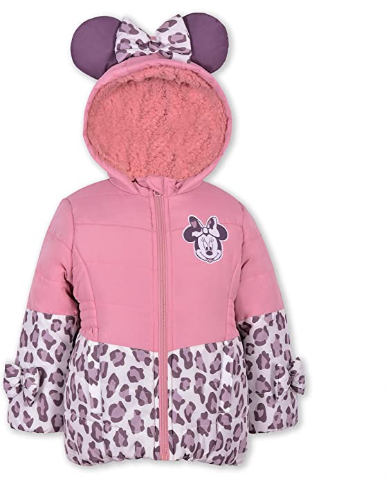 Disney Girl's Minnie Mouse Print Hooded Puffer Jacket with Ears and Bow