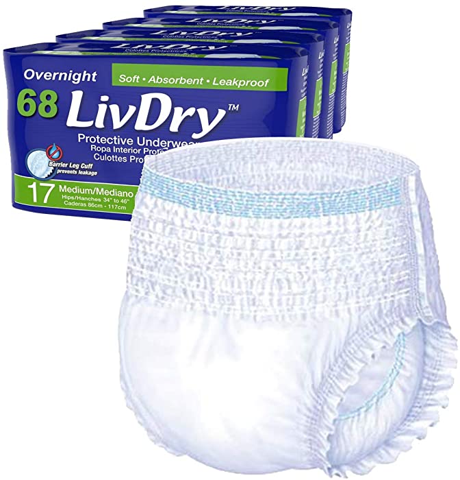 LivDry Adult M Incontinence Underwear, Overnight Comfort Absorbency, Leak Protection, Medium, 68-Pack