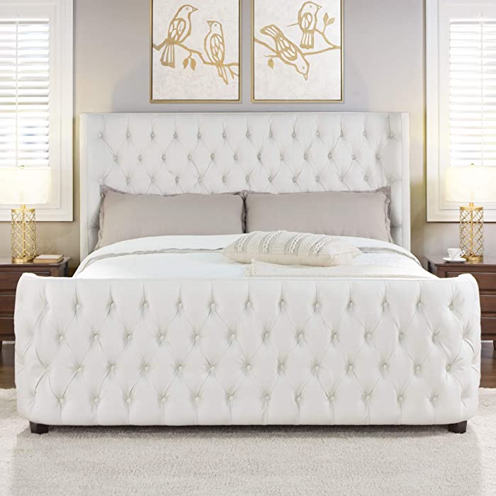 Jennifer Taylor Home Harmonie King Tufted Panel Bed Headboard and Footboard Set, Antique White Yarn Dyed