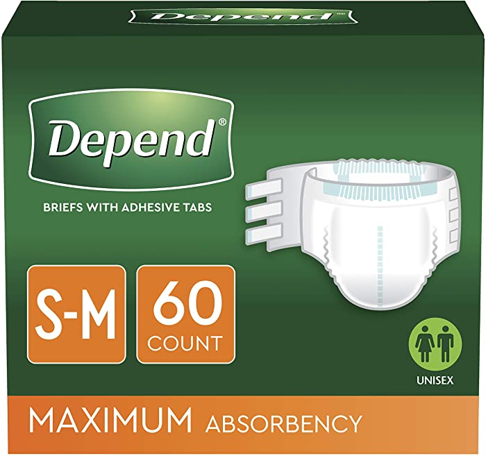 Depend Incontinence Protection with Tabs, Maximum Absorbency, S/M, 60 Count (3 Packs of 20) (Packaging May Vary)